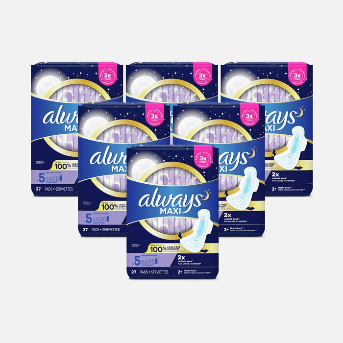 Always Maxi Pads Size 5 Overnight Absorbency Unscented with Wings, 27 ct. (6 pack), , large