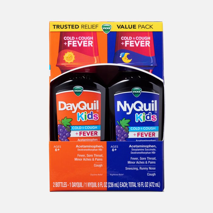 Vicks DayQuil & NyQuil Kids Cold & Cough + Fever Combo Pack, Grape, Two 8 oz. Bottles, , large