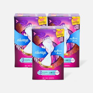 Always Radiant FlexFoam Pads for Women Size 3, Extra Heavy Flow Absorbency, with Wings, Scented, 22 ct. (3-Pack)