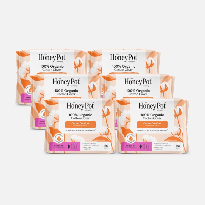 The Honey Pot 100% Organic Top Sheet Regular Non Herbal Menstrual Pads, 20 ct. (6-Pack), , large