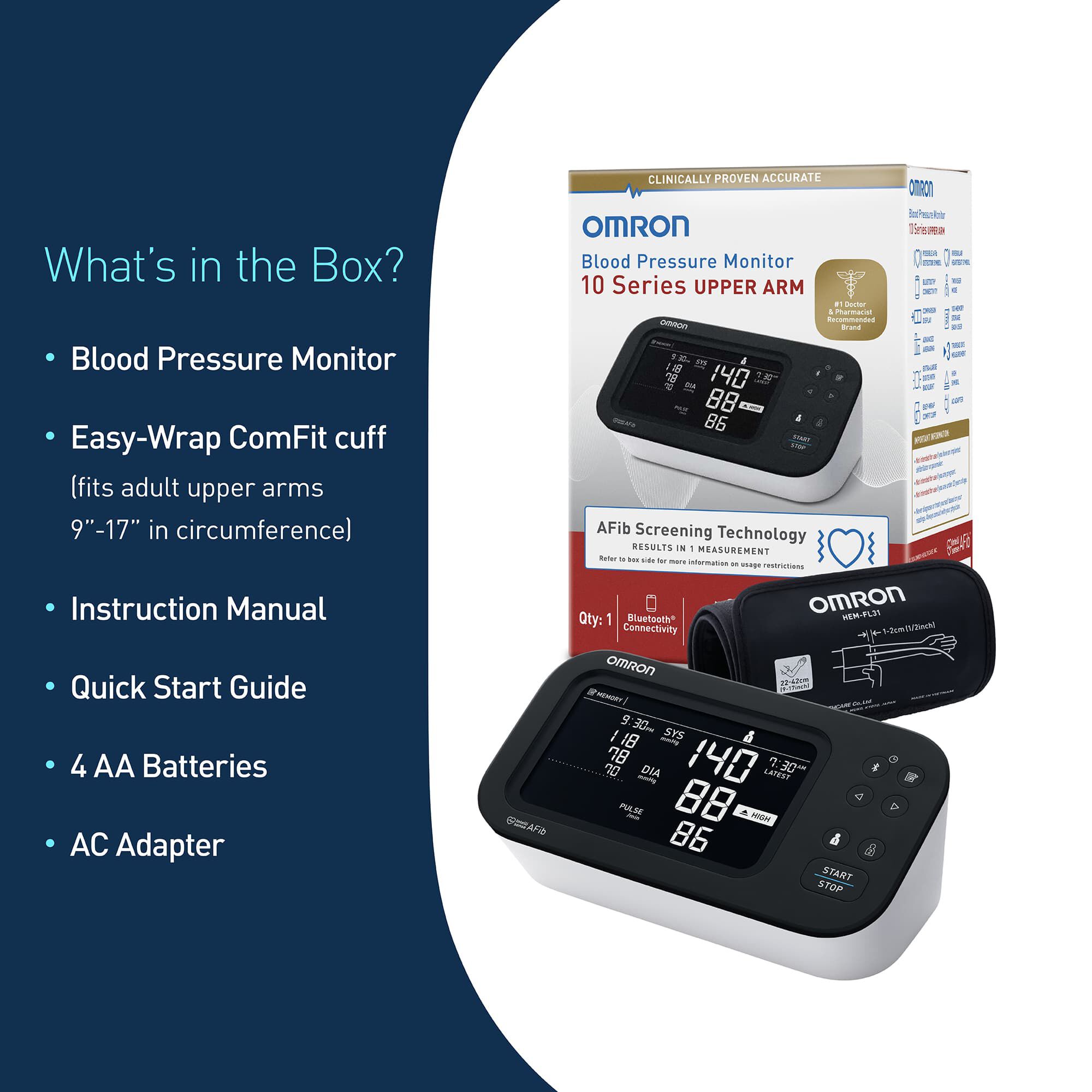 Omron 10-Series Upper Arm Blood Pressure Monitor, Connected, with AC Adapter, , large