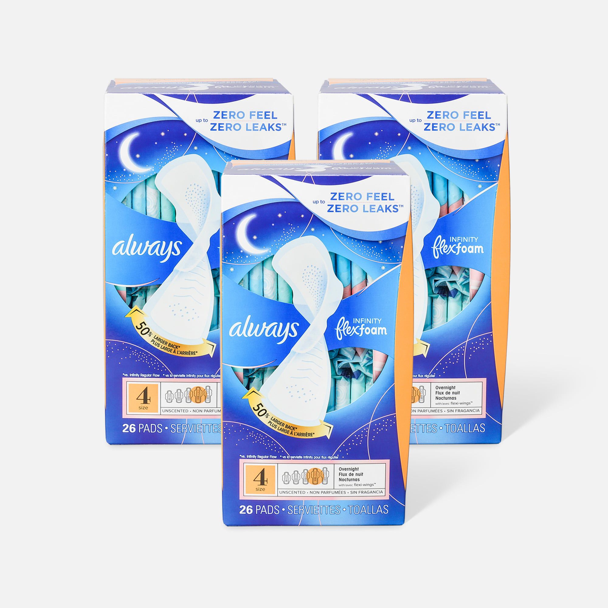 Always Infinity FlexFoam Pads for Women Size 4 Overnight Absorbency, with Wings Unscented, 26 ct. (3-Pack), , large