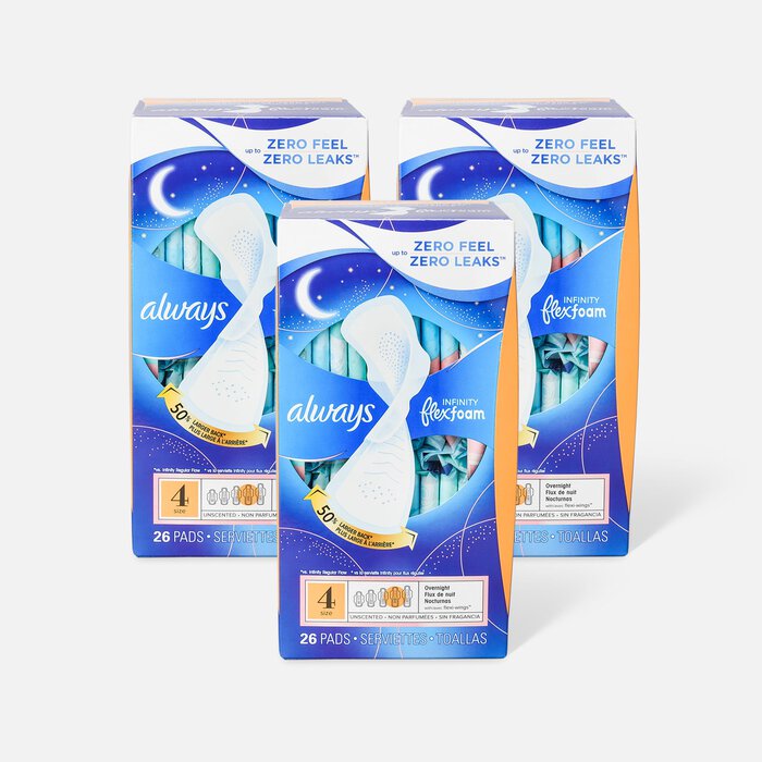 Always Infinity FlexFoam Pads for Women Size 4 Overnight Absorbency, with Wings Unscented, 26 ct. (3-Pack), , large