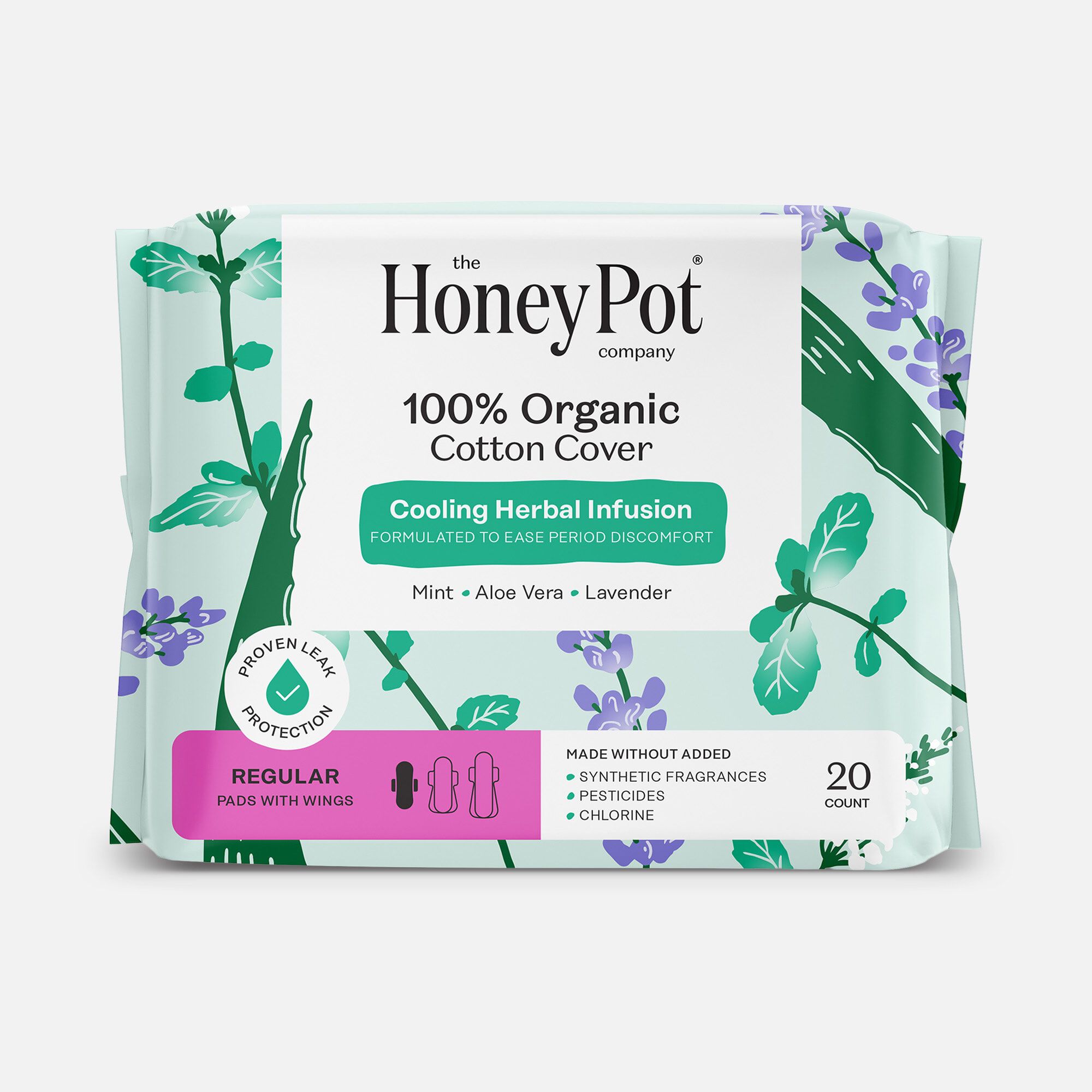 The Honey Pot 100% Organic Cotton Cover Regular Menstrual Pads with Wings, Herbal, 20 ct.