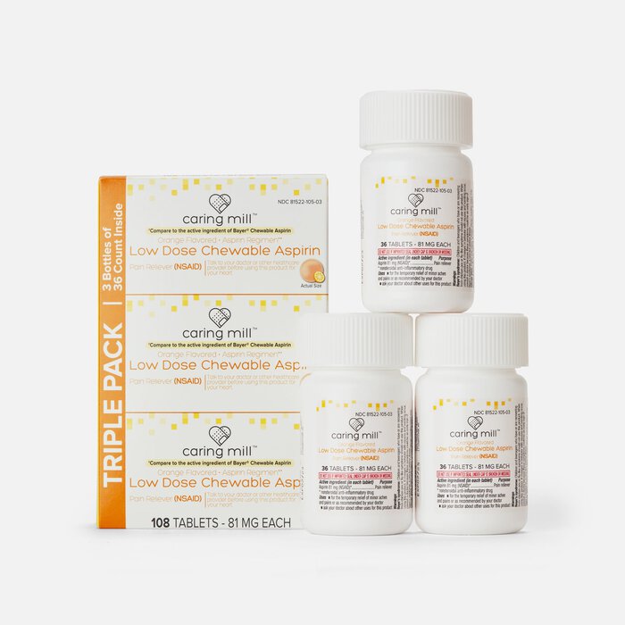 Caring Mill™ Aspirin Chewable Tablets Pain Reliever (NSAID) Low Dose Aspirin, Orange Flavor, 3 pack, 108 ct., , large