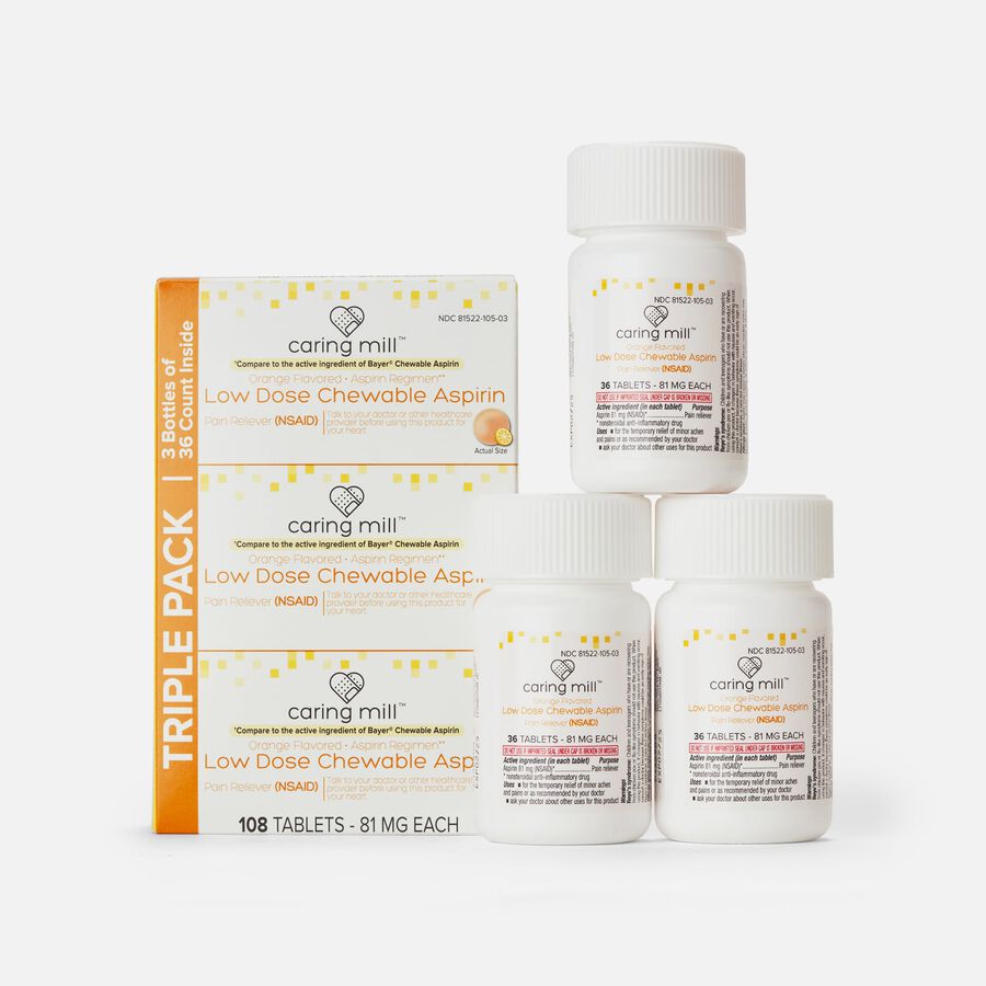 Caring Mill™ Aspirin Chewable Tablets Pain Reliever (NSAID) Low Dose Aspirin, Orange Flavor, 3 pack, 108 ct., , large image number 0