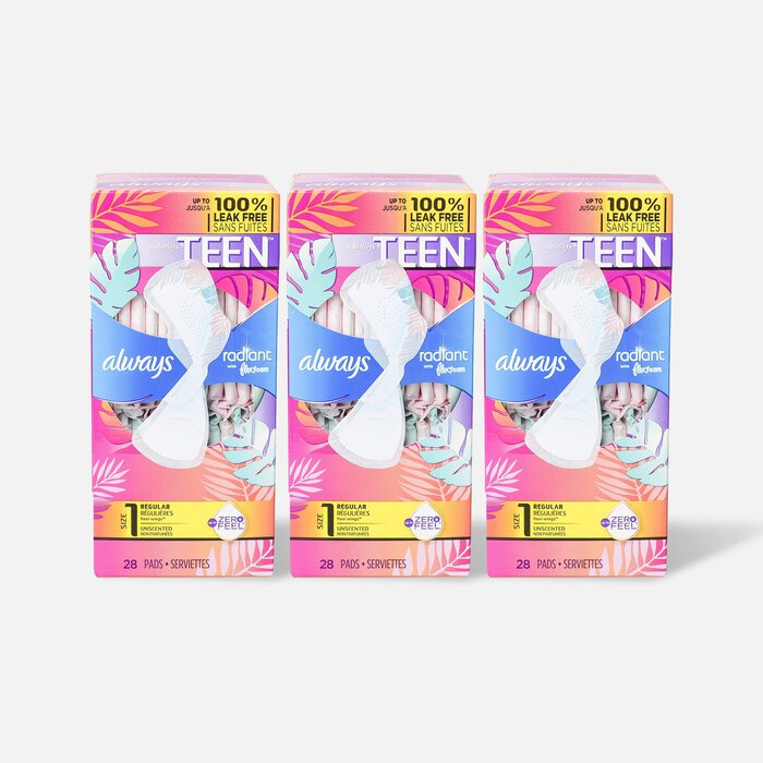 Always Radiant FlexFoam Teen Pads Regular Absorbency, with Wings, Unscented, 28 ct. (3-Pack), , large