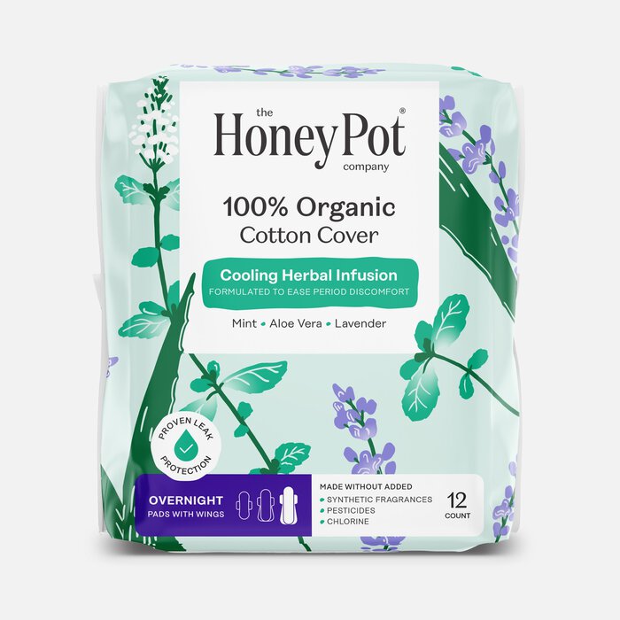 The Honey Pot 100% Organic Top Sheet Overnight Herbal Menstrual Pads with Wings, 12 ct., , large