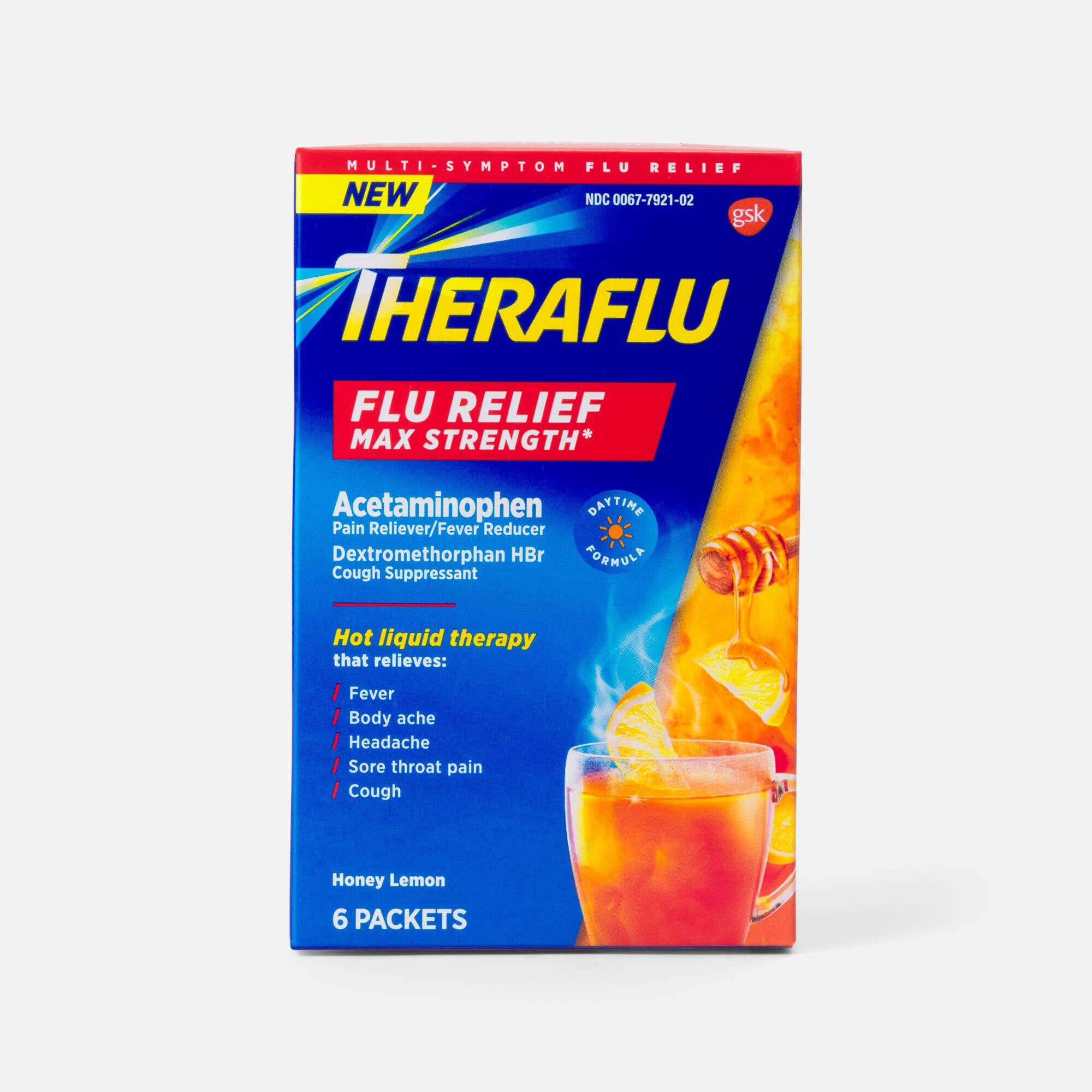 Theraflu Daytime Max Strength Flu Relief Honey Lemon Flavor Hot Liquid Powder, 6 ct., , large