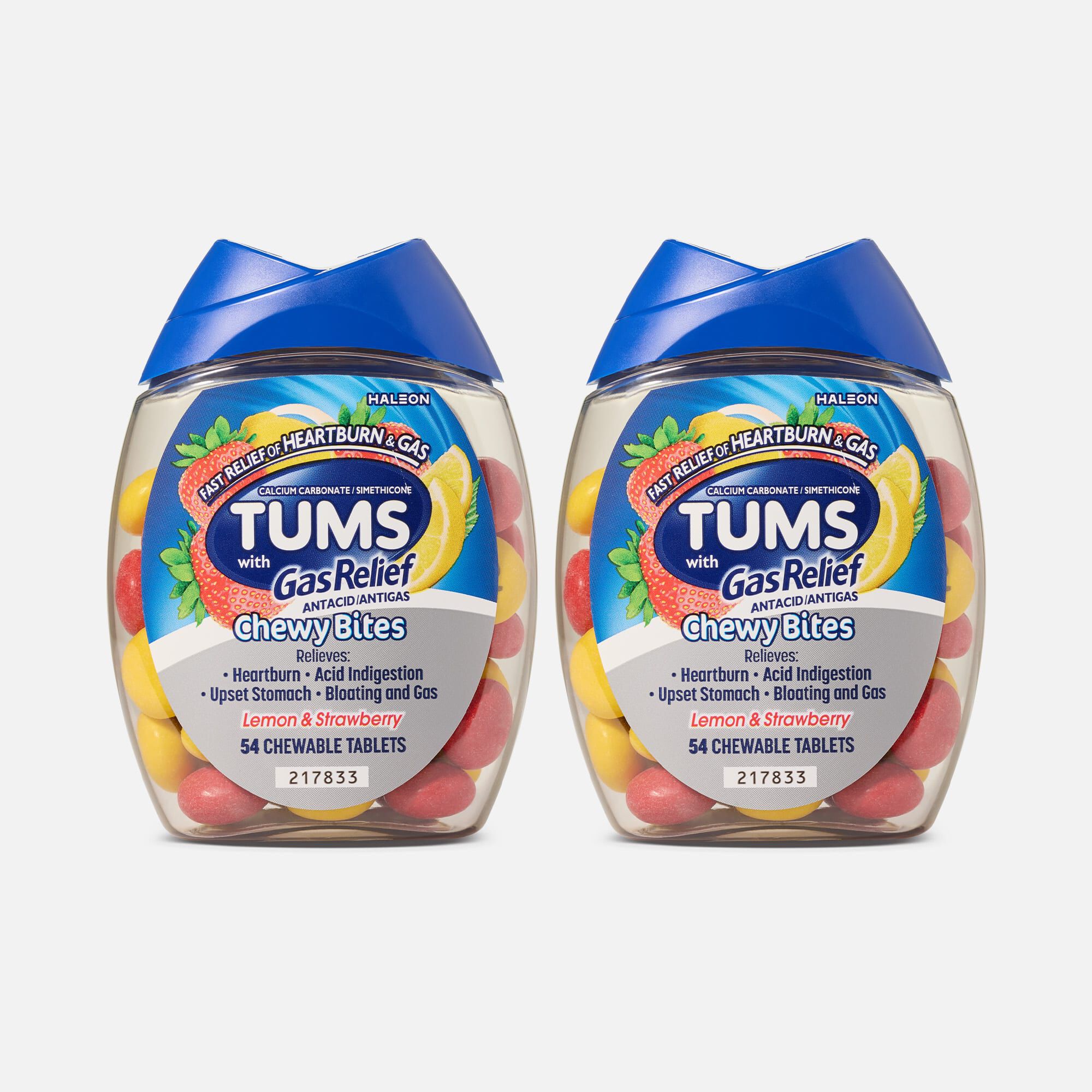 TUMS Chewy Bites Chewable Antacid Tablets with Gas Relief, Lemon & Strawberry, 54 ct. (2 pack), , large