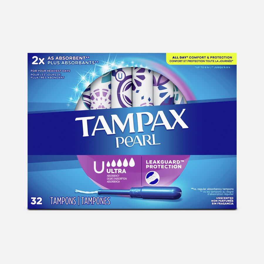 Tampax Pearl Tampons Ultra Absorbency with BPA-Free Plastic Applicator and LeakGuard Braid, Unscented, 32 ct., , large image number 0