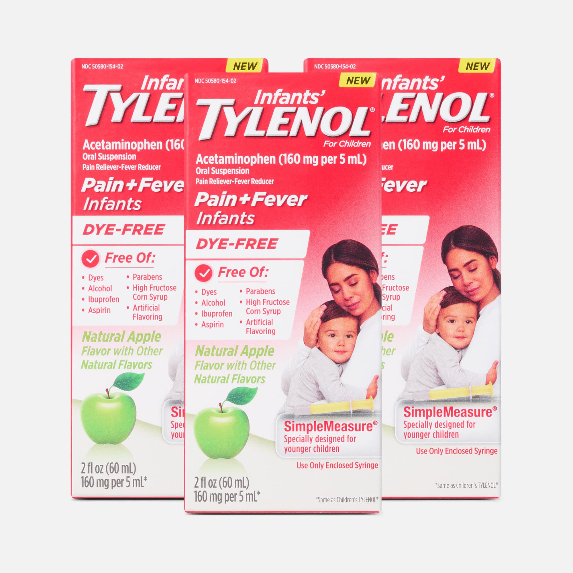 Infant's Tylenol Pain + Fever Dye-Free Acetaminophen Liquid w/ Simple Measure, Natural Apple, 2 fl oz. (3 pack)