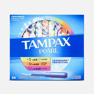 Tampax Pearl Tampons Trio Pack, Super/Super Plus/Ultra Absorbency with BPA-Free Plastic Applicator and LeakGuard Braid, Unscented, 34 ct.