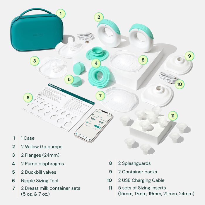 Willow Go® Wearable Breast Pump with Case, Sizing Inserts, and Milk Containers, , large