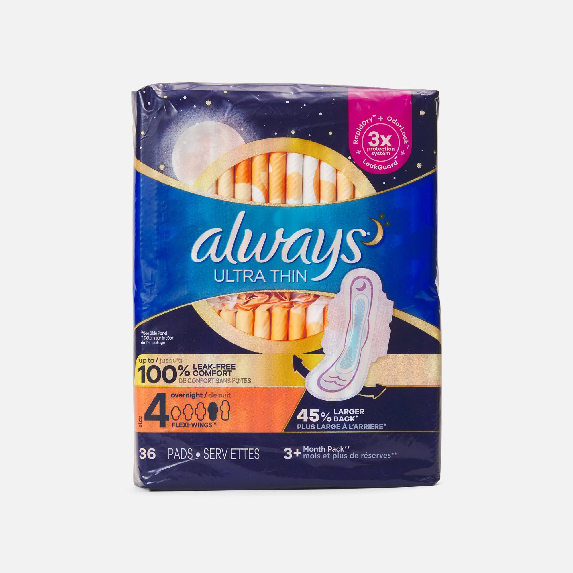 Always Ultra Thin Pads Overnight Absorbency Unscented with Wings, Size 4, 36 ct., , large