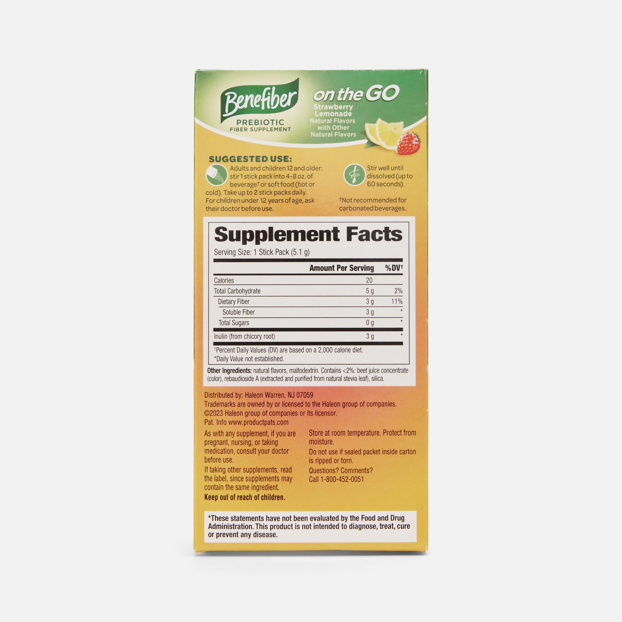 Benefiber On The Go Prebiotic Daily Fiber Supplement Powder Sticks, Strawberry Lemonade, 24 ct., , large