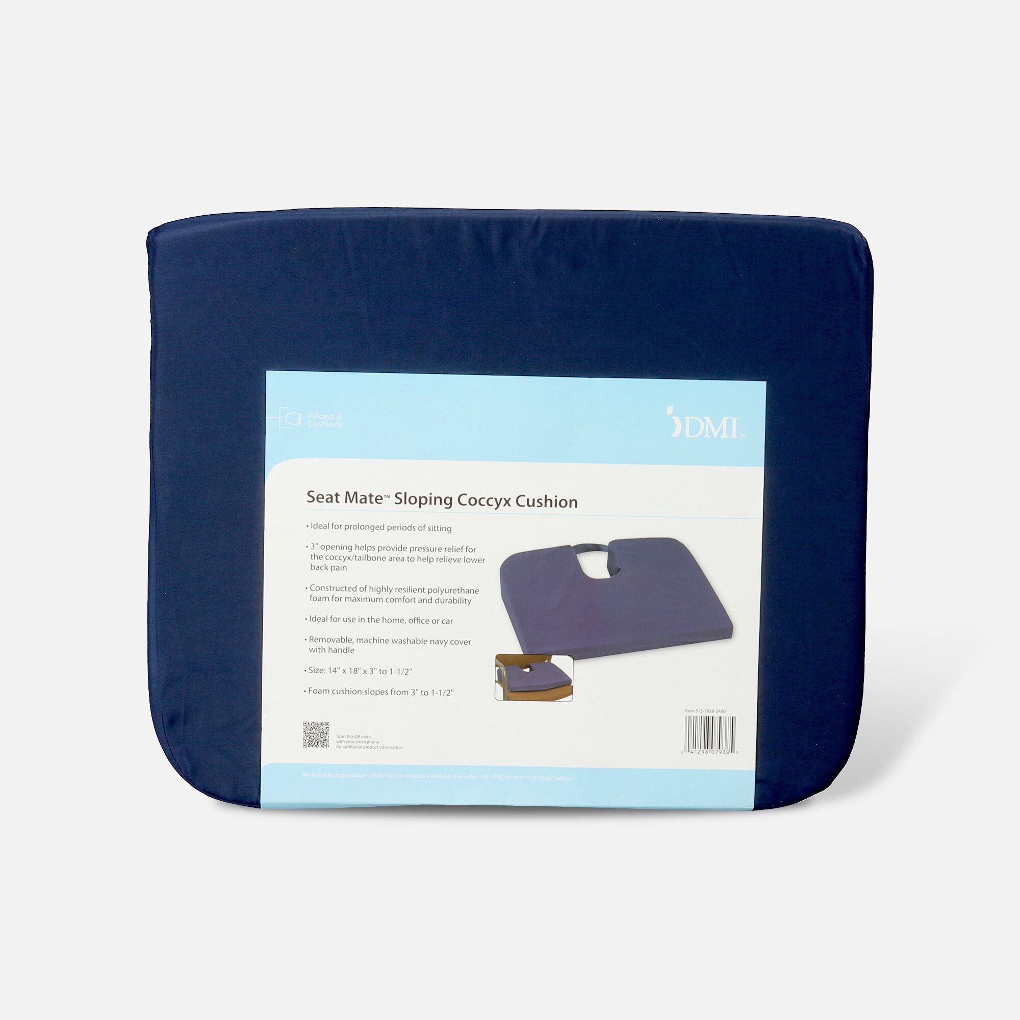 Foam Seat Cushion for Coccyx Support, 18 x 14 x 1.5 to 3", Navy, , large