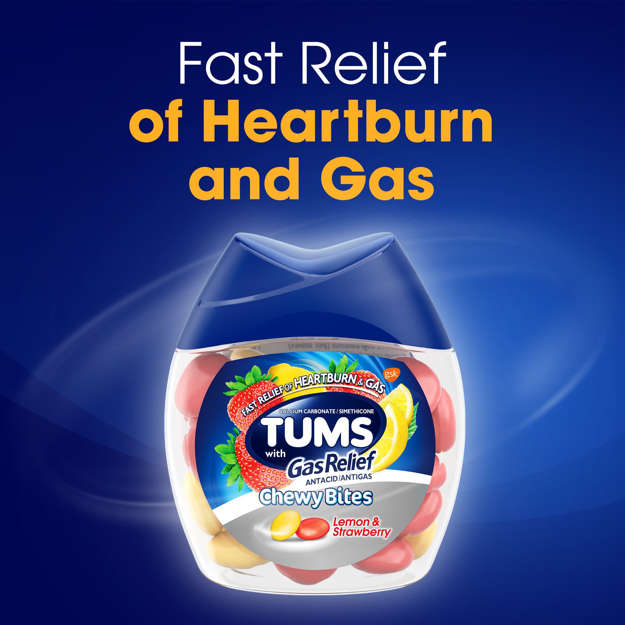 TUMS Chewy Bites Chewable Antacid Tablets with Gas Relief, Lemon & Strawberry, 54 ct., , large
