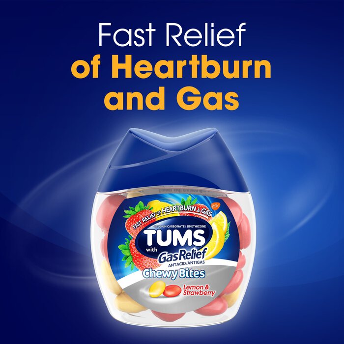TUMS Chewy Bites Chewable Antacid Tablets with Gas Relief, Lemon & Strawberry, 54 ct., , large