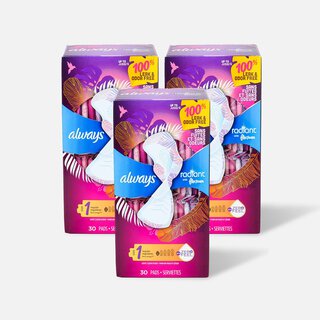 Always Radiant FlexFoam Pads for Women Size 1, Regular Absorbency, with Wings, Scented, 30 ct. (3-Pack)