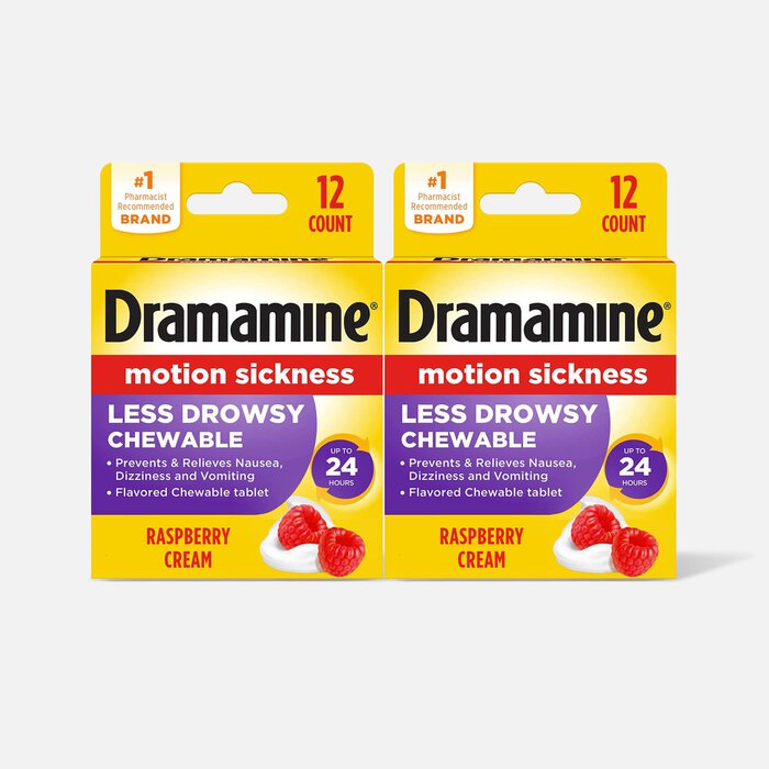 Dramamine Motion Sickness Relief All Day Chewable Tablets, Raspberry Cream, 12 ct. (2-Pack), , large
