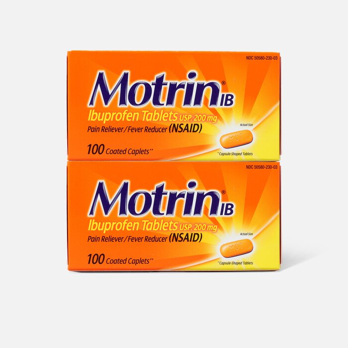 Motrin IB Ibuprofen Pain Reliever/Fever Reducer, 200 mg, Caplets, 100 ct. (2-Pack), , large
