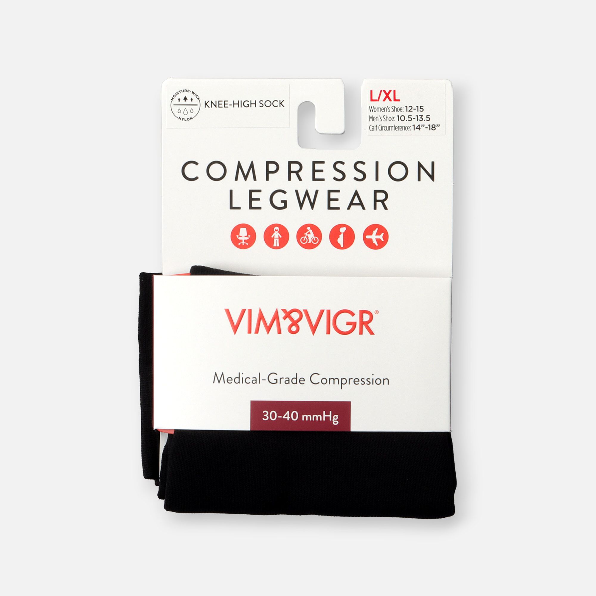 VIM & VIGR Moisture-Wick Nylon Compression Socks, Solid Black, Wide Calf, 30-40 mmHg, , large