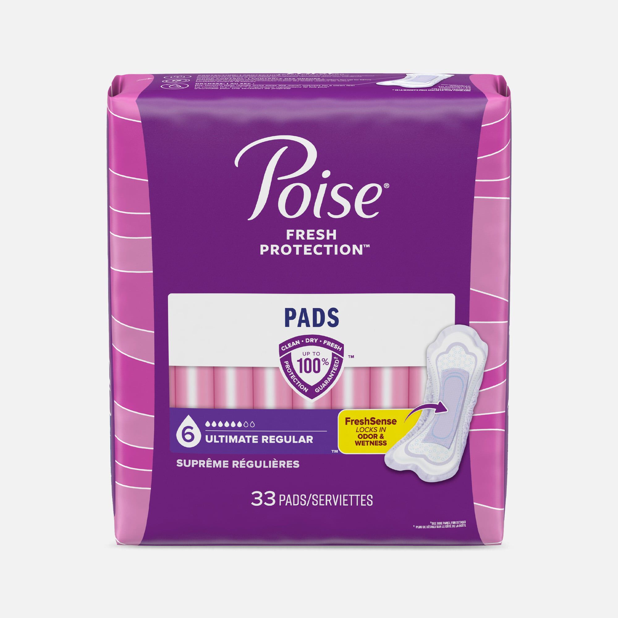 Poise Incontinence & Postpartum Pads for Bladder Leaks, 6 Drop Ultimate Absorbency, Regular Length, 33 ct., , large
