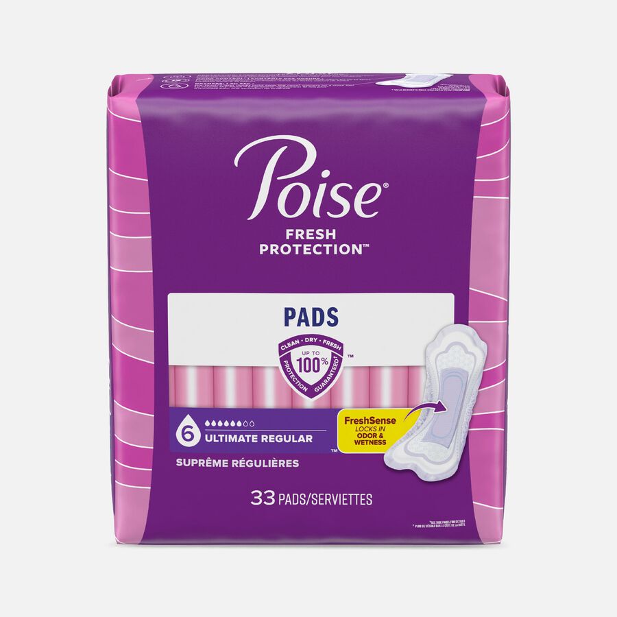 Poise Incontinence & Postpartum Pads for Bladder Leaks, 6 Drop Ultimate Absorbency, Regular Length, 33 ct., , large image number 0