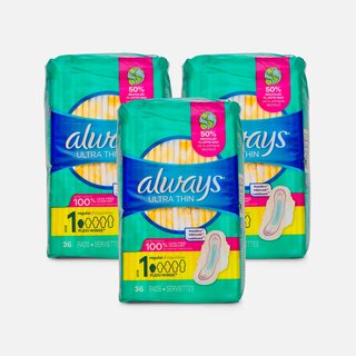 Always Ultra Thin Pads with Wings, Size 1, 36 ct. (3-Pack)