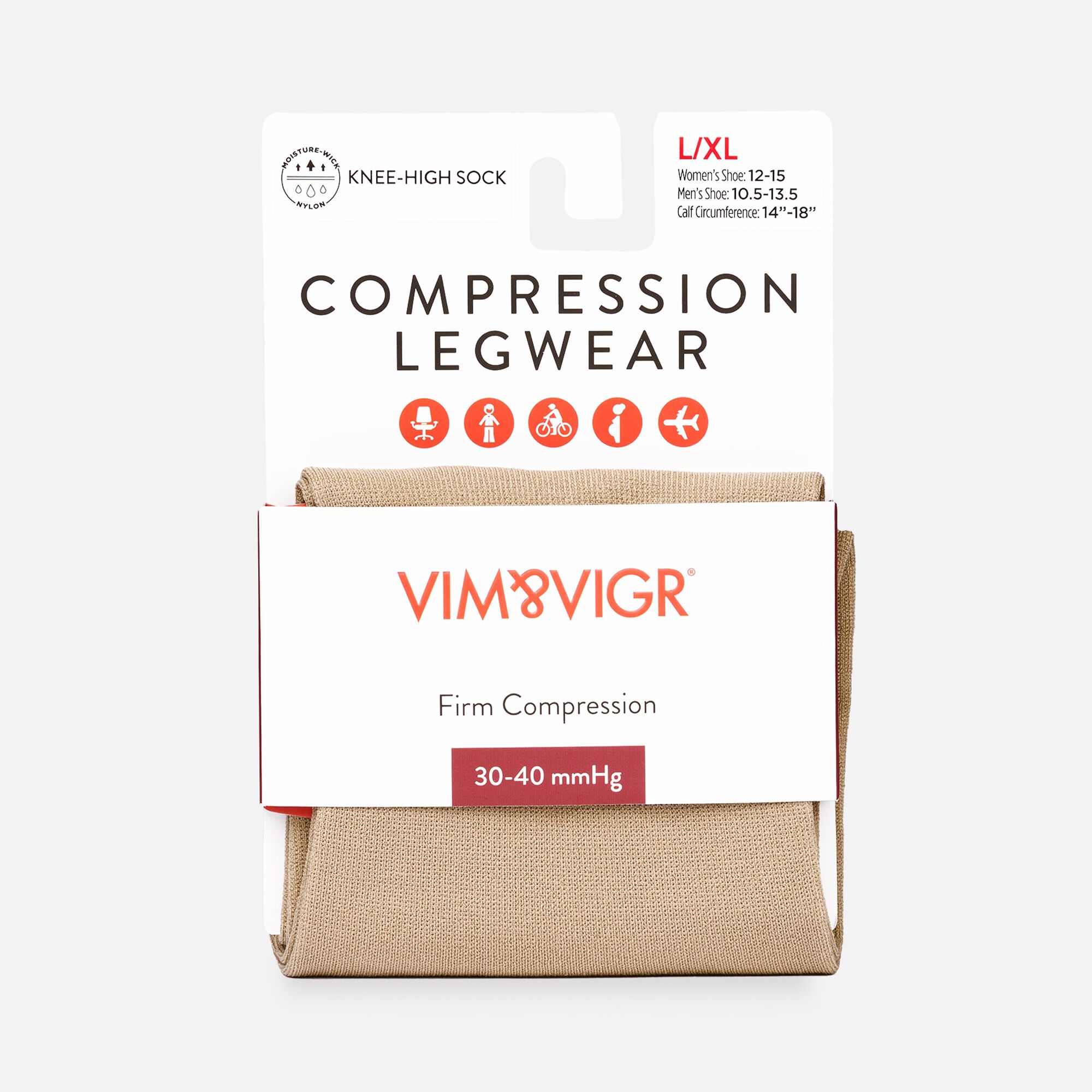 VIM & VIGR Solid Moisture-Wick Nylon Compression Socks, Cashew, 30-40 mmHg, , large