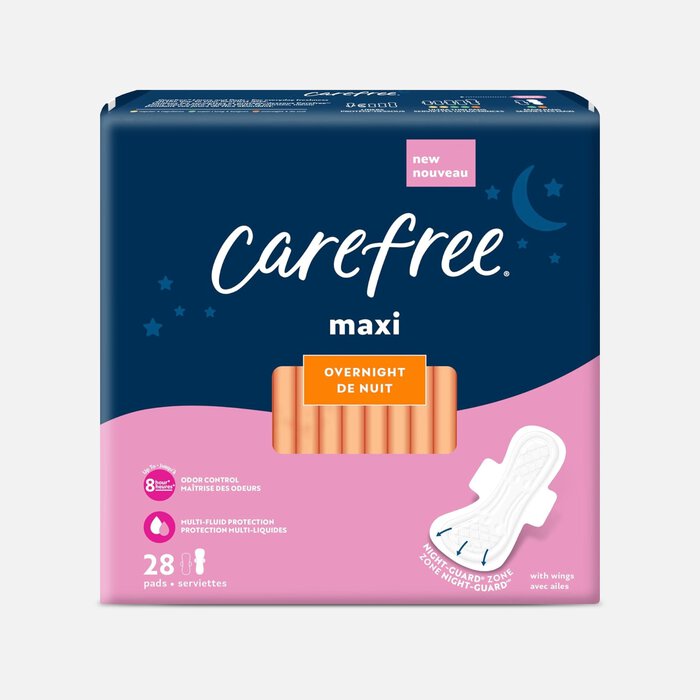 Carefree Maxi Overnight Pads with Wings, 28 ct., , large