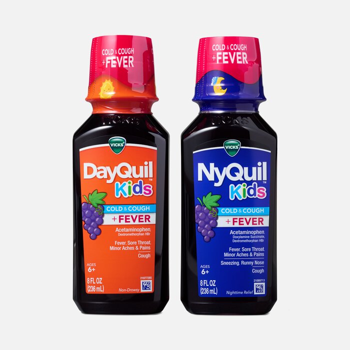 Vicks DayQuil & NyQuil Kids Cold & Cough + Fever Combo Pack, Grape, Two 8 oz. Bottles, , large