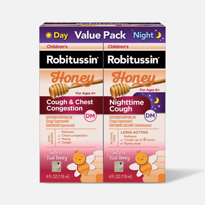 Children's Robitussin Cough & Chest Congestion DM and Nighttime Cough DM, Variety Pack, Honey Flavor, 2X4 fl oz. Bottles, , large