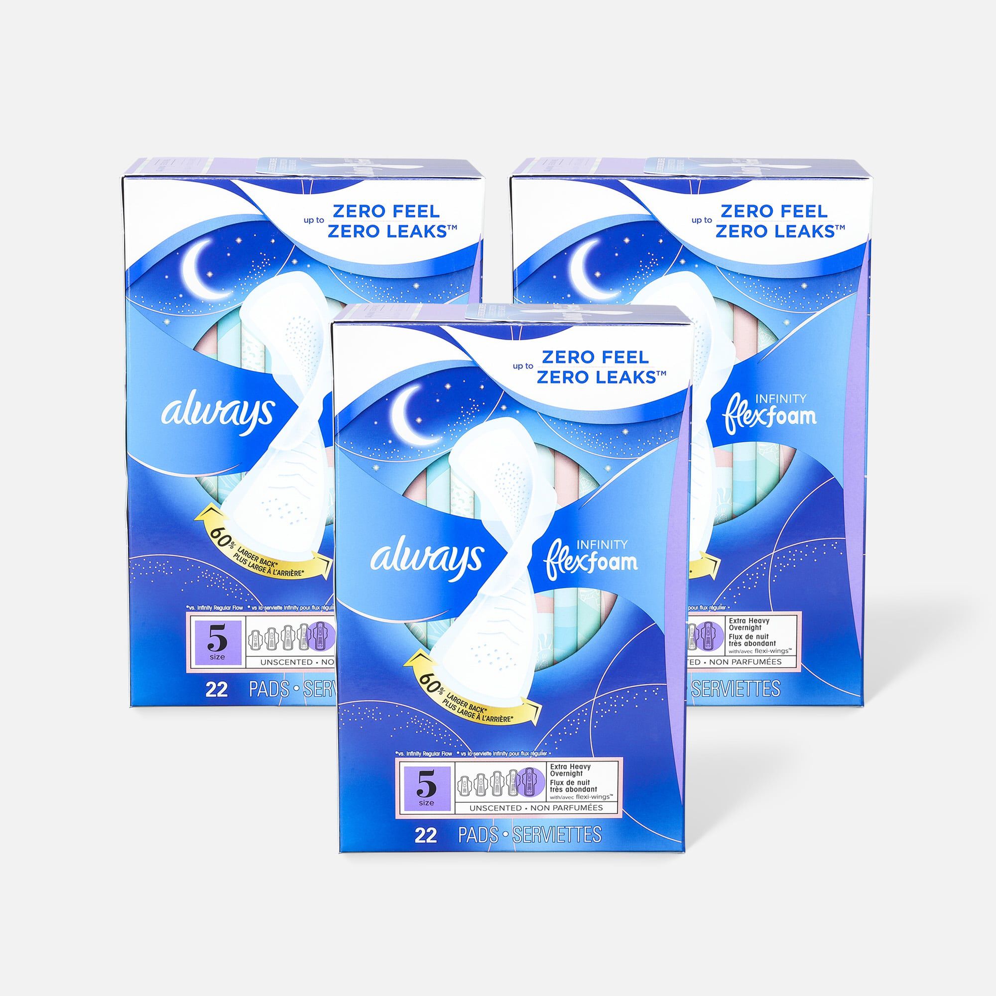 Always Infinity FlexFoam Pads for Women Size 5 Extra Heavy Overnight Absorbency, with Wings Unscented, 22 ct. (3-Pack), , large