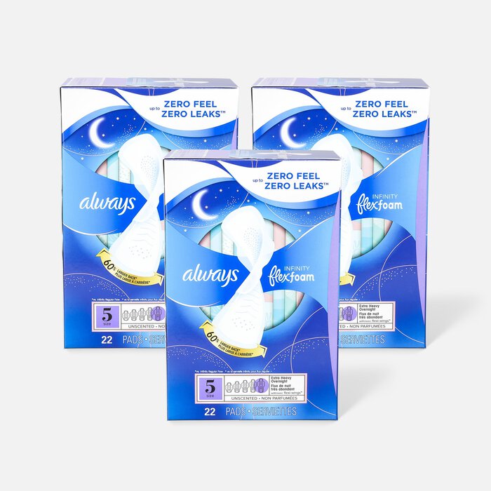Always Infinity FlexFoam Pads for Women Size 5 Extra Heavy Overnight Absorbency, with Wings Unscented, 22 ct. (3-Pack), , large