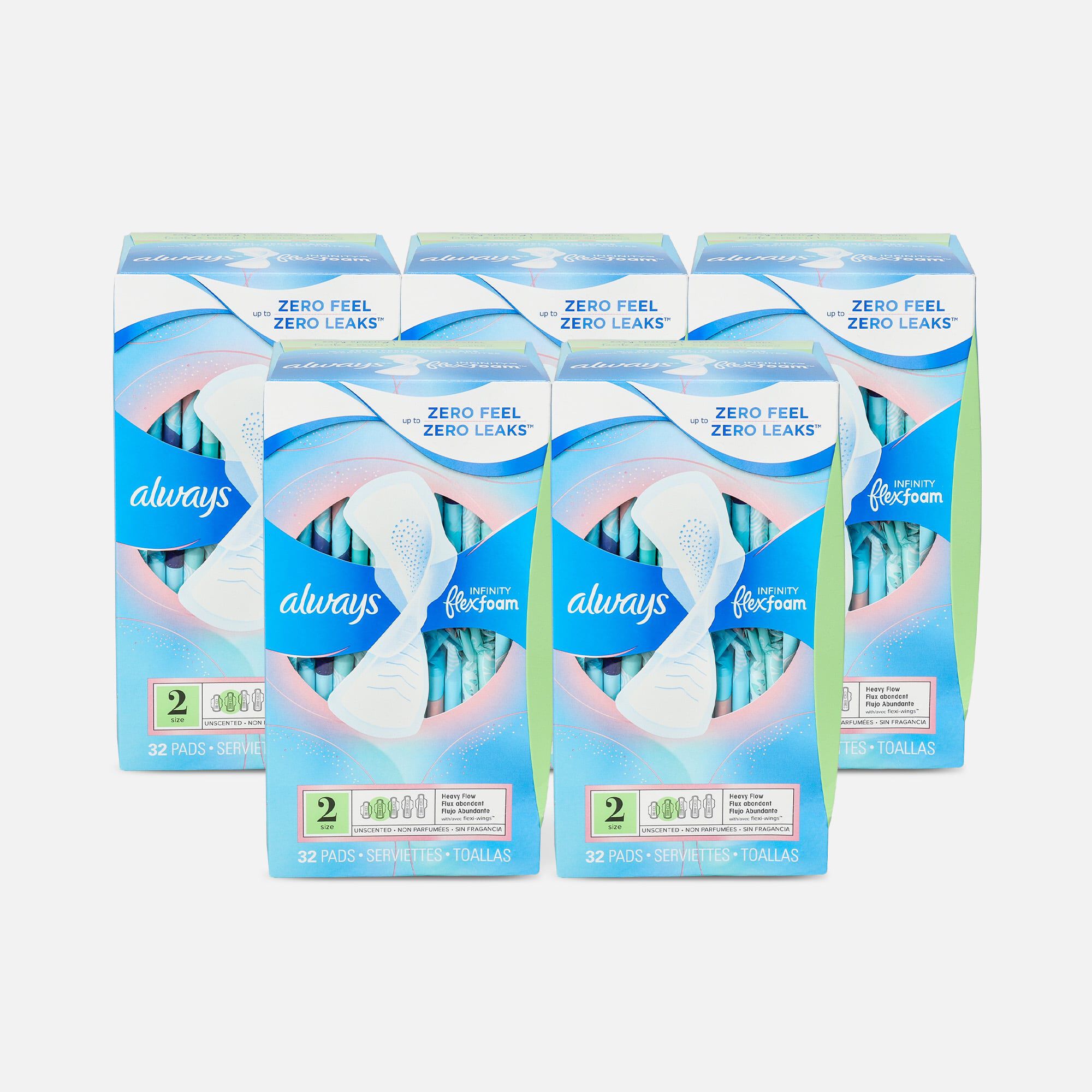 Always Infinity FlexFoam Pads for Women Size 2 Heavy Flow Absorbency, with Wings Unscented, 32 ct. (5-Pack), , large