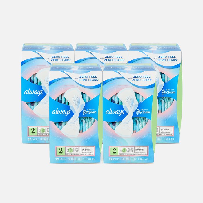 Always Infinity FlexFoam Pads for Women Size 2 Heavy Flow Absorbency, with Wings Unscented, 32 ct. (5-Pack), , large