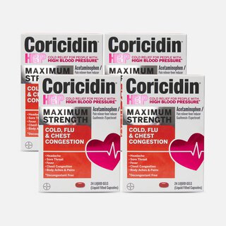 Coricidin HBP Maximum Strength Cold, Cough & Flu Medicine, Liquid Gels (4-Pack)