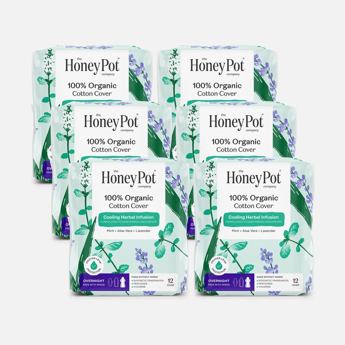 The Honey Pot 100% Organic Top Sheet Overnight Herbal Menstrual Pads with Wings, 12 ct. (6 pack), , large
