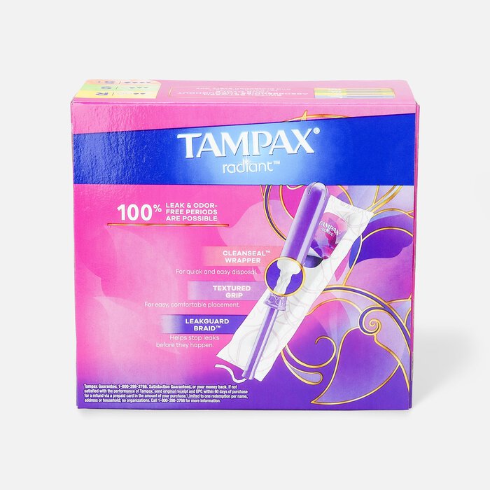 Tampax Radiant Tampons Trio Pack, Regular/Super/Super Plus Absorbency with BPA-Free Plastic Applicator and LeakGuard Braid, Unscented, 28 ct., , large