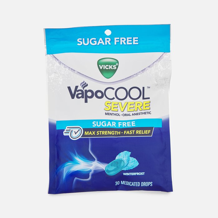 Vicks VapoCool Severe Sugar-Free Medicated Sore Throat Relief Drops, Winterfrost, 30 ct., , large
