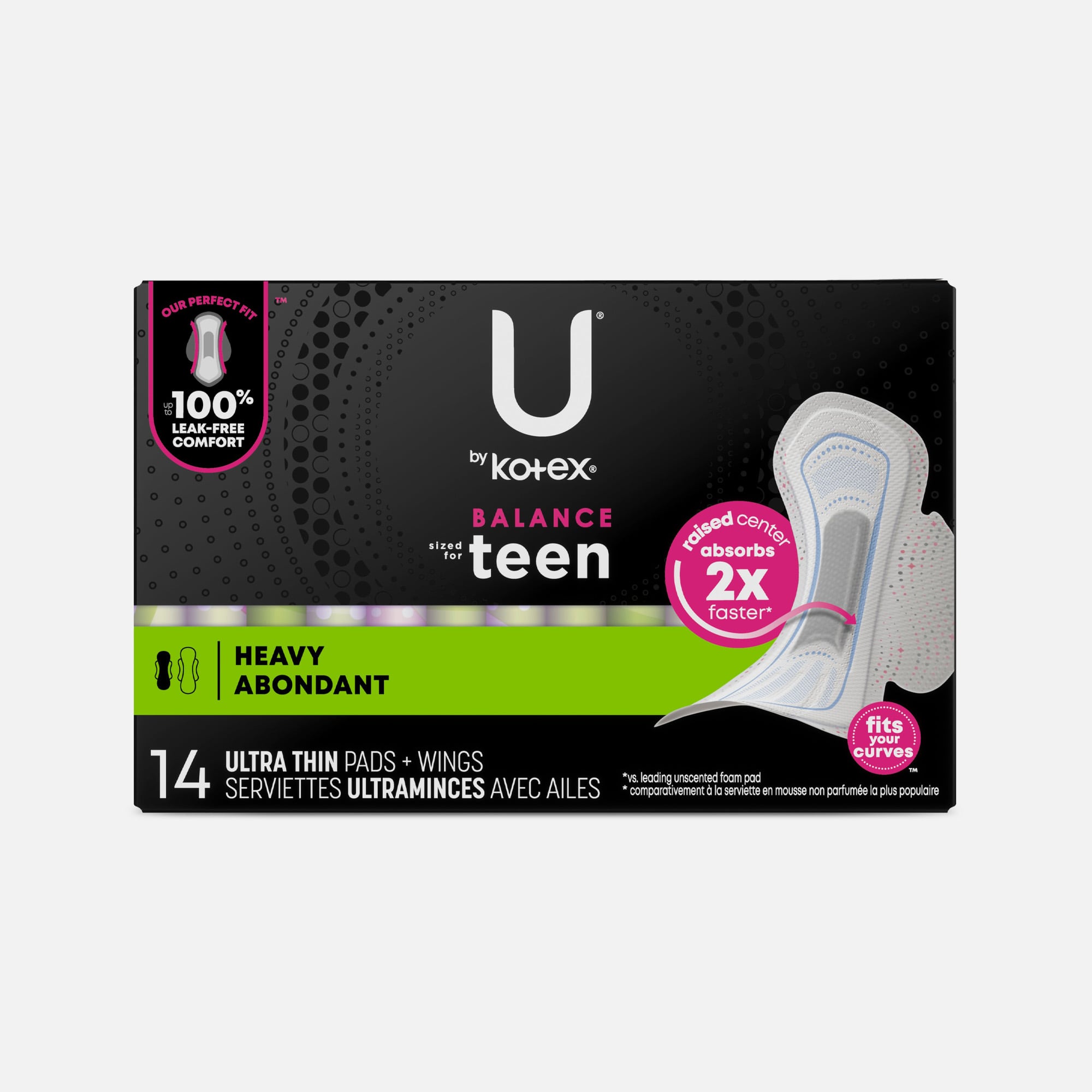 U by Kotex Balance Sized for Teens Ultra Thin Pads with Wings, Heavy Absorbency, 14 ct.