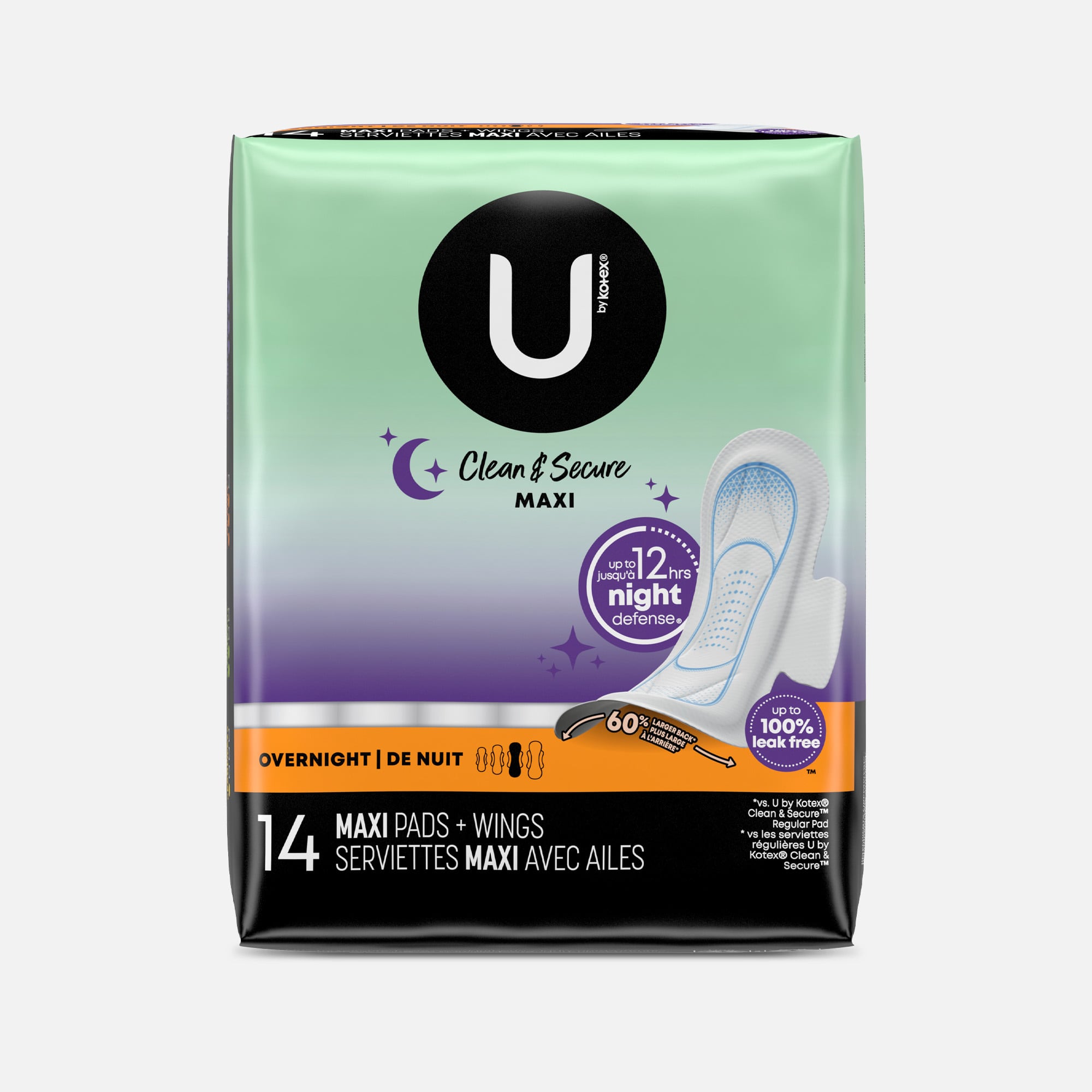 U by Kotex Clean & Secure Overnight Maxi Pads with Wings, 14 ct.