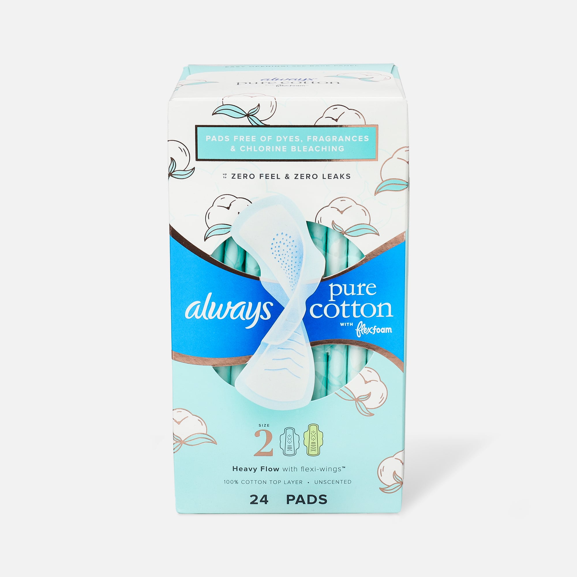 Always Pure Cotton with FlexFoam Pads for Women Size 2 Heavy Flow Absorbency, with Wings, 24 ct.