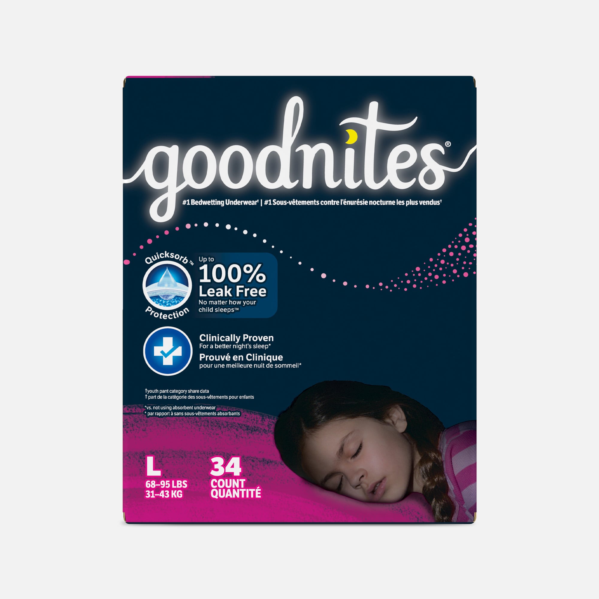 Goodnites Girls' Nighttime Bedwetting Underwear, Size Large (68-95 lbs), 34 ct.