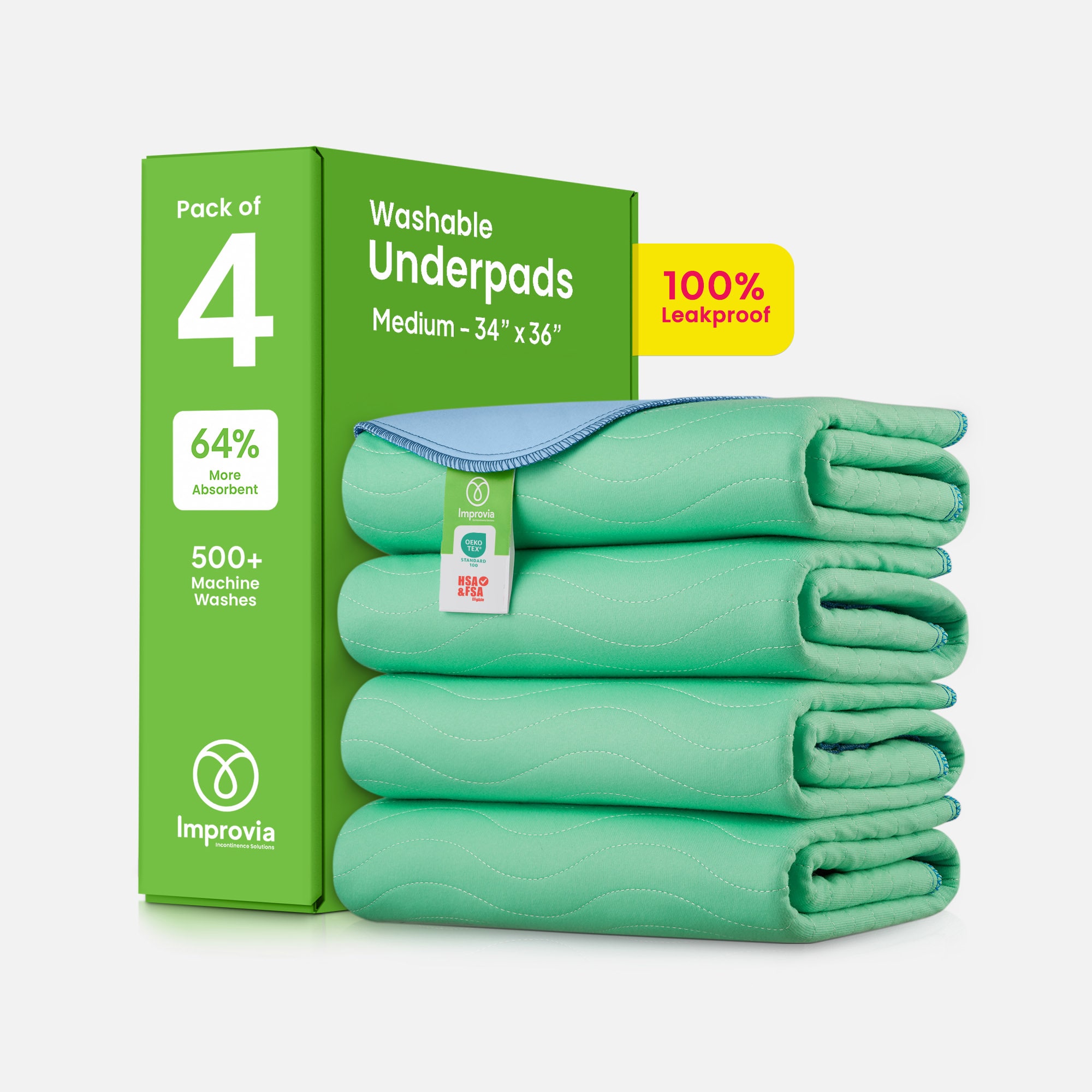 Improvia Washable Underpads, Heavy Absorbency, Reusable Incontinence Pads for Bed, Sofa, Floor, Medium 34” x 36”, 4-Pack