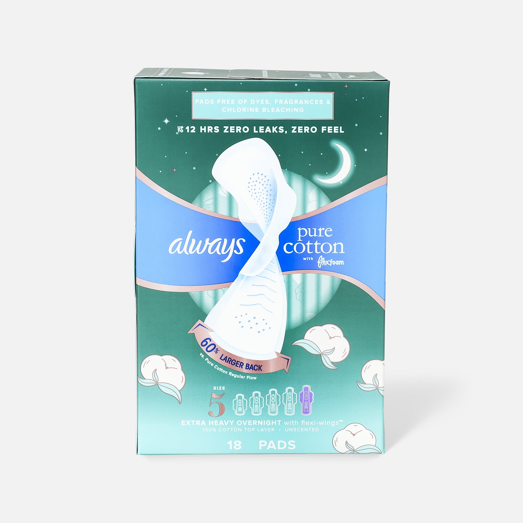 Always Pure Cotton with FlexFoam Pads for Women Size 5 Extra Heavy Overnight Absorbency, with Wings, 18 ct.