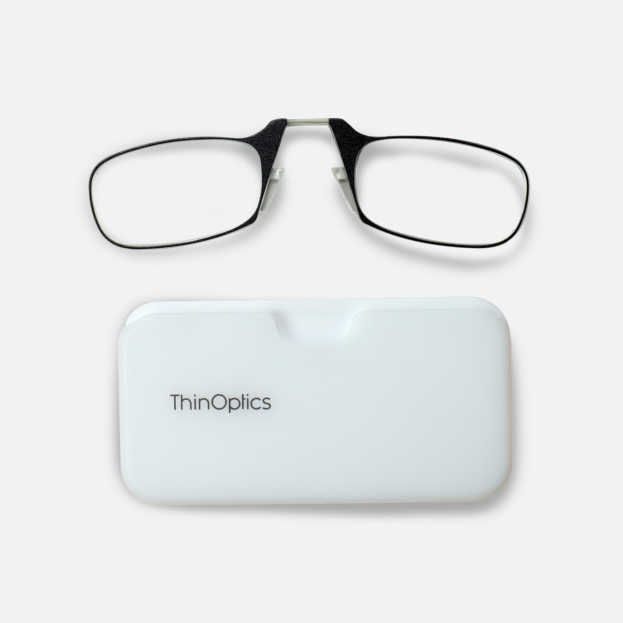 ThinOPTICS Reading Glasses on your Phone, Black Glasses, White Universal Pod Case, +2.00