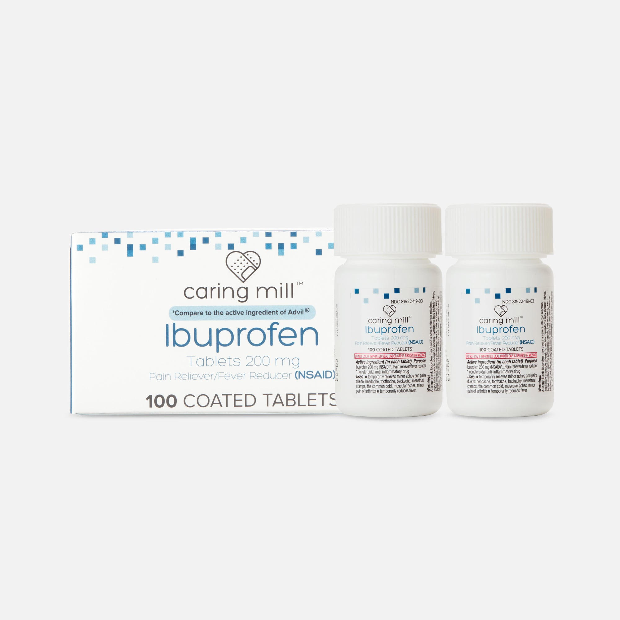 Caring Mill™ Ibuprofen Pain Reliever / Fever Reducer (NSAID) Brown Coated Tablets, 100 ct. (2-Pack)